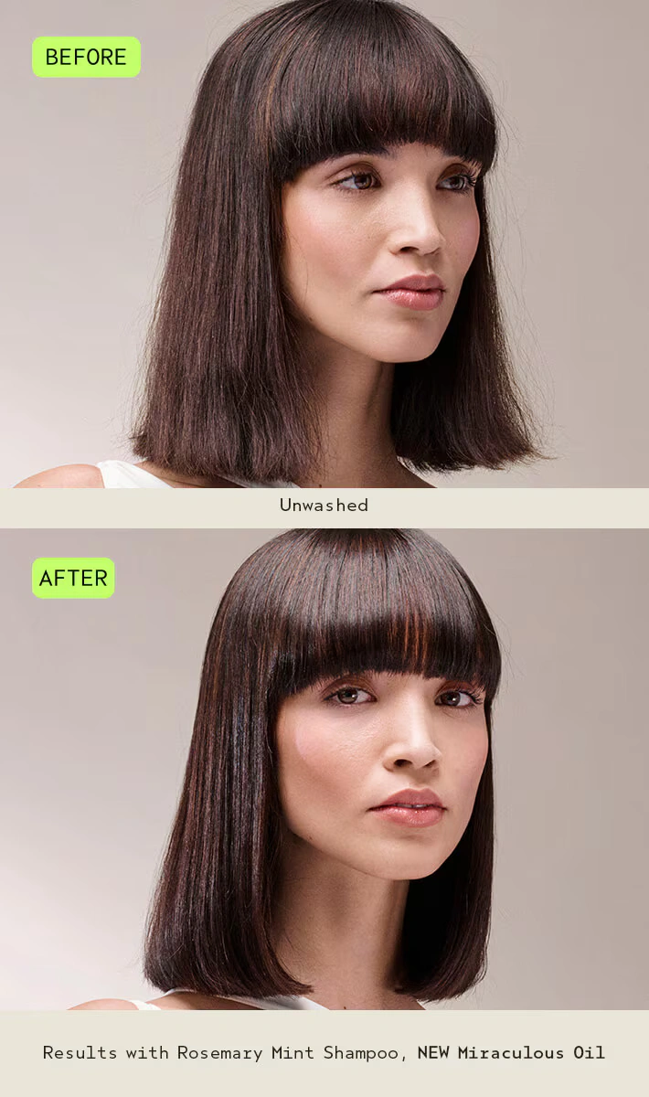 Top: Woman with unwashed, matte hair. Bottom: Same woman with smoother, shinier hair after using rosemary mint shampoo and oil. Labels indicate "before" and "after" results. | Anaala Salon and Spa, Madison WI