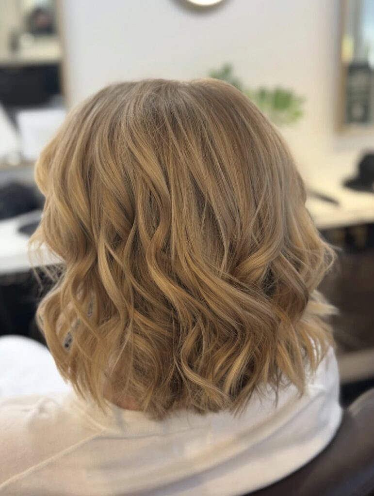 A person with shoulder-length, wavy, light blonde hair is seated in a salon chair at a curly textured hair salon Madison WI, facing away from the camera. | Anaala Salon and Spa, Madison WI