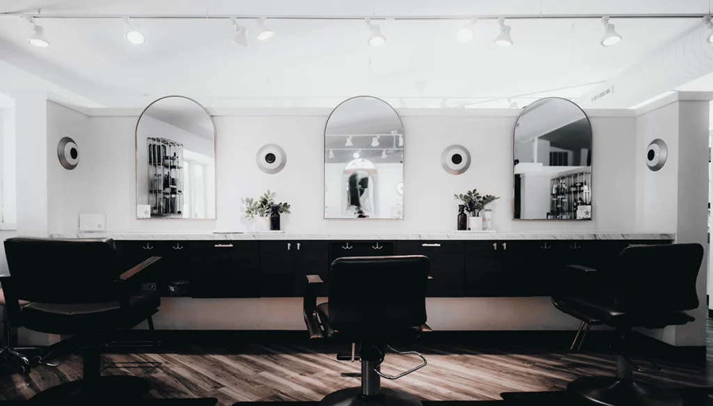 A modern hair salon with three black styling chairs facing mirrors on a counter, potted plants, and overhead lighting—home to expert hair color specialists in Madison WI. | Anaala Salon and Spa, Madison WI